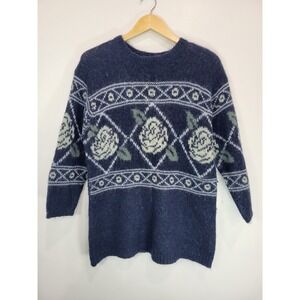 Designs Lane Bryant Navy Blue Rose Fair Isle Mohair Blend Sweater Size 14 16‎